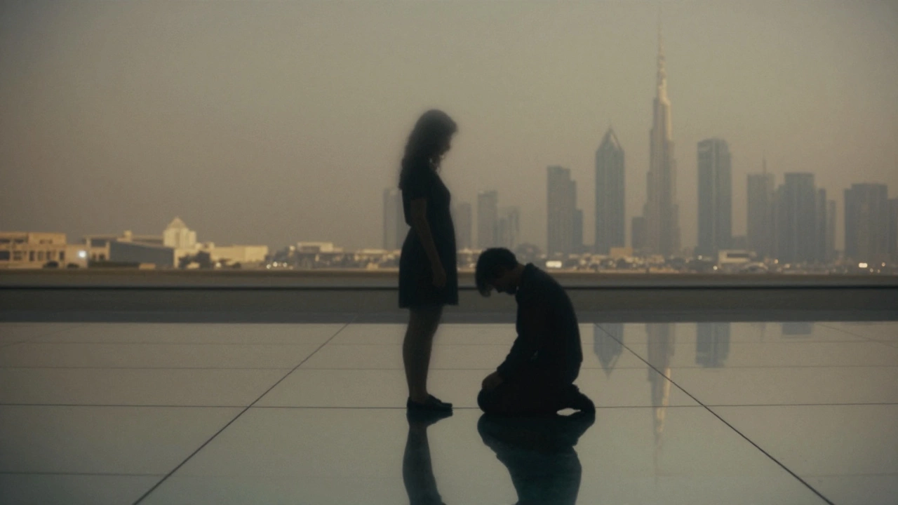 Abstract reflection of two figures in silence, Dubai’s skyline blurred in the distance, symbolizing surrender and presence.