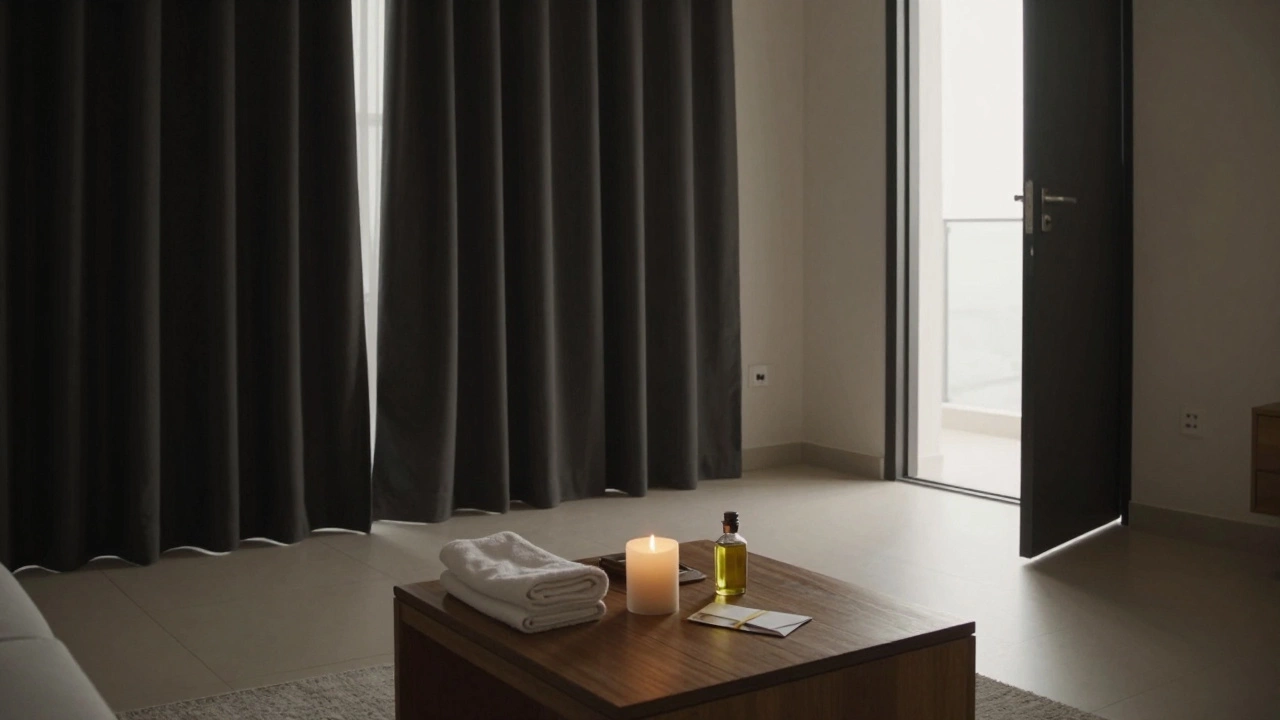 An empty luxury apartment at dawn with a towel, oil, and cash on a table—evidence of a private, unspoken ritual.