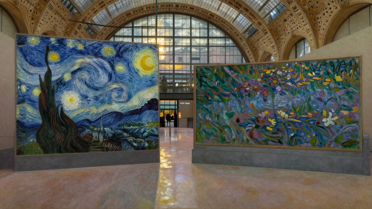 Impressionist-style interior of Musée d’Orsay with Van Gogh and Monet paintings bathed in dusk sunlight.