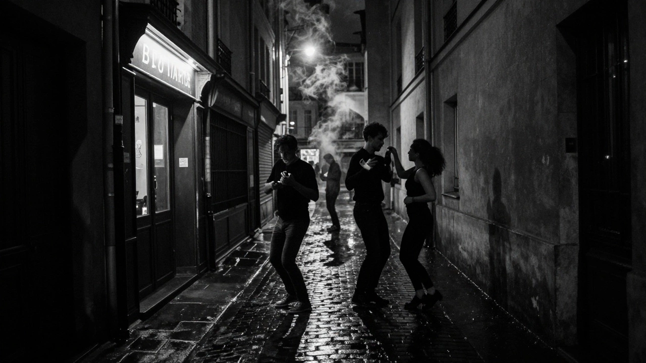 Nighttime alley in Paris with dim club lights and silhouettes of dancers, rain-slicked cobblestones reflecting faint glow.